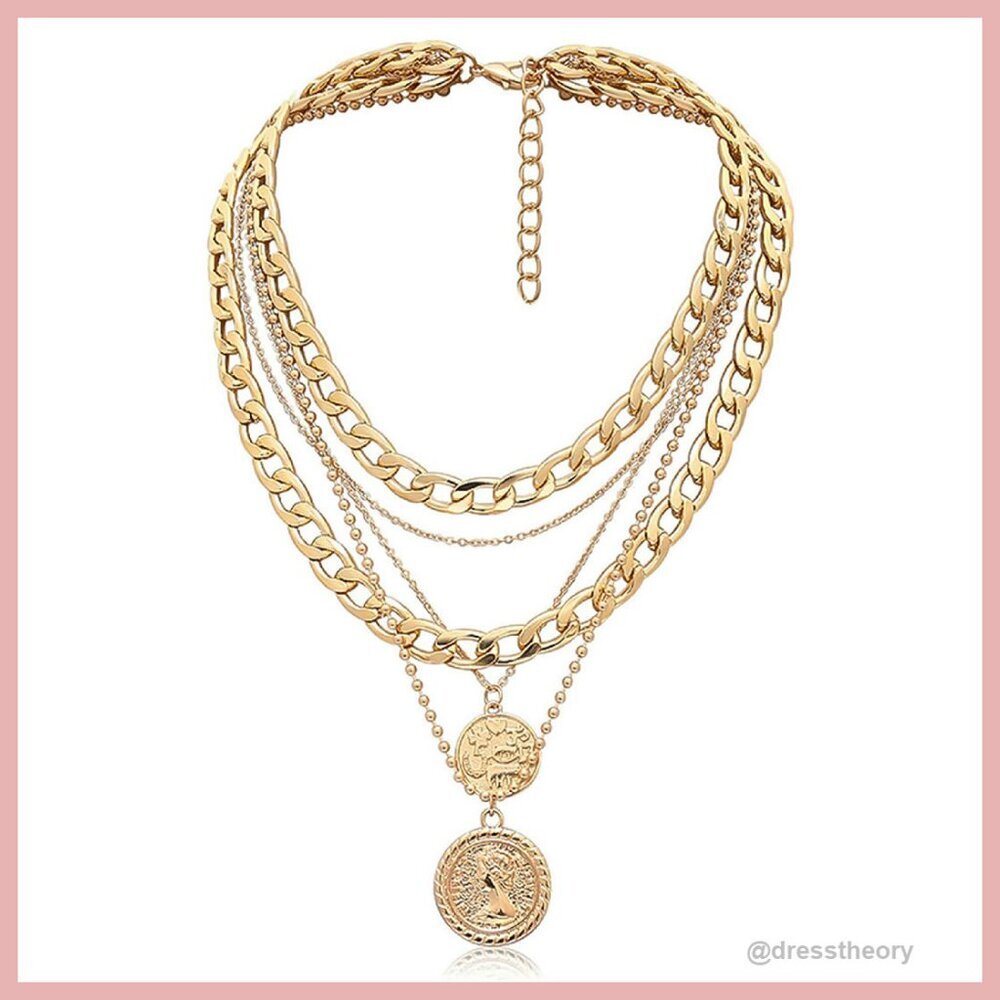 Layered Coin Pendant Necklace Set with Chunky Chain - Picture 1 of 8